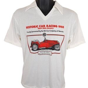 Vintage MG TC Roadster Racing T Shirt Mens Size Small White 80s 1988 1947 Collar
